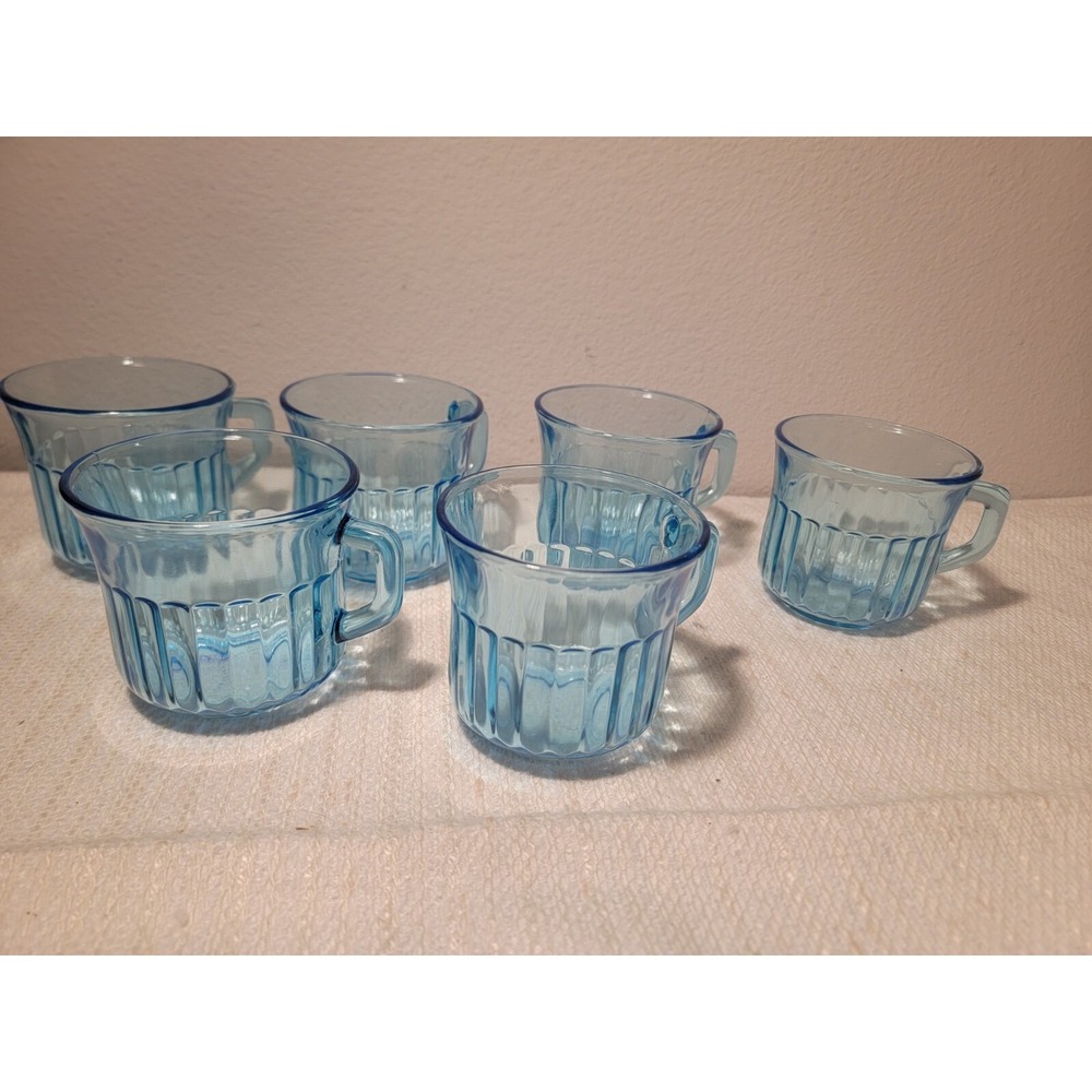 Fortecrisa Mexico VTG 6 Azure Ice Blue Ribbed Depression Glass Coffee Tea Cups